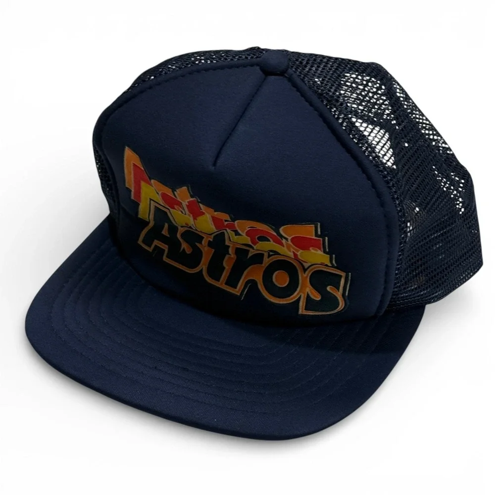 Vintage Houston Astros Trucker Hat Navy Blue Rainbow Logo‎ Snapback MLB Cap